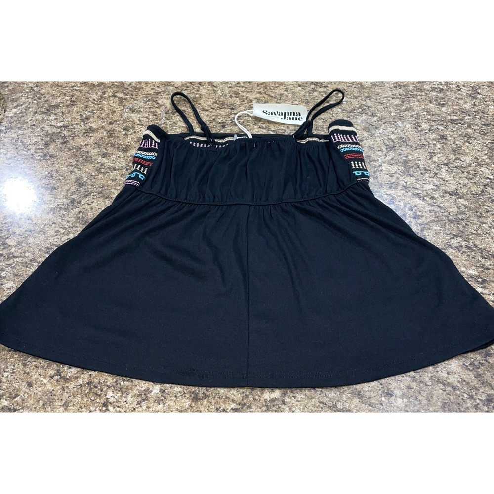 Savanna Jane Aztec Spaghetti Strap Tank Top Embroidered Boho Black Unique Sz SM - Picture 3 of 13